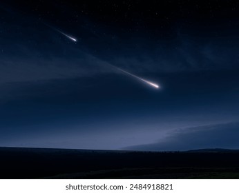 Shooting stars glow in the atmosphere. Meteors at night, celestial landscape. Beautiful meteor trail isolated.