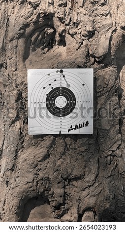 Shooting target on tree trunk with bullet holes. Outdoor shooting range with paper target for airgun practice. Rustic texture background. Close-up view for sport and accuracy themes.