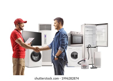 Shop Assistant From An Electircal Appliances Store Shaking Hands With A Customer Isolated On White Background