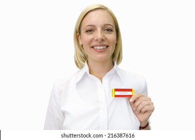 Shop Assistant With Hand To Name Badge, Smiling, Portrait, Cut Out