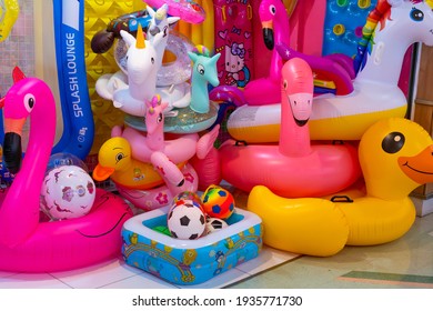 Shop of beach accessories - inflatable rings in the form of animals. samui , tailand - 02.24.2020