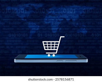 Shop cart icon on modern smart mobile phone screen over world map and computer binary code blue background, Shopping online concept, Elements of this image furnished by NASA