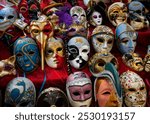 shop in italy numerous typical venetian masks with intricate decorations and details. Art and culture italian carnival