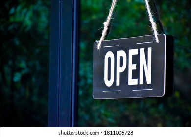 Shop Open Of Storefront Sign, Restaurant Shows The Opening Status.