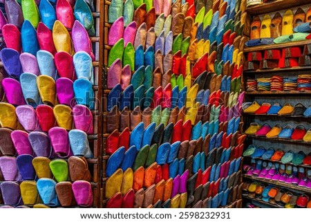 A shop selling colorful leather sandals, a famous tourist item in Marrakech, Morocco