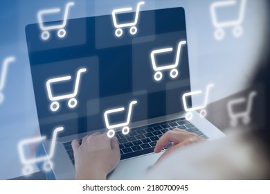 Shopper Using Laptop Online Shopping. And Online Payment Option Or Digital Wallet Online Transaction Concept.