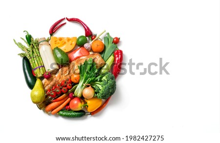 Shopping bag made from different fruits and vegetables. Top view.