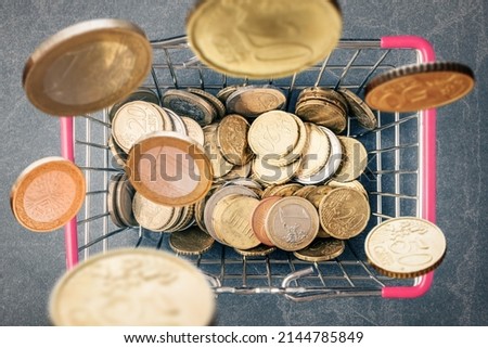 Shopping basket with falling Euro coins over grey stone background. Top view. Сonsumer budget and purchasing capacity concept
