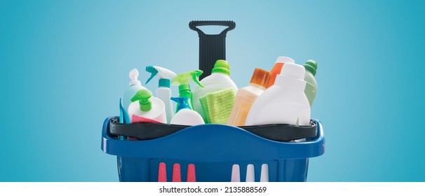 Shopping Basket Full Of Cleaning Products And Blank Copy Space