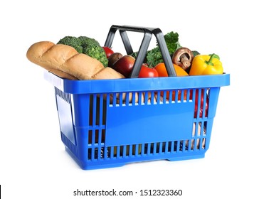 Shopping basket with grocery products on white background - Powered by Shutterstock