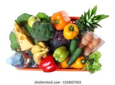 Shopping basket with grocery products on white background, top view - Shutterstock ID 1524027563