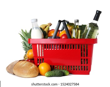 Shopping basket and grocery products on white background - Shutterstock ID 1524027584