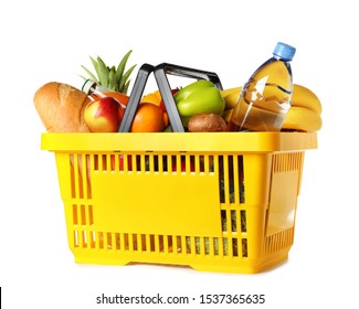 Shopping basket with grocery products on white background - Shutterstock ID 1537365635