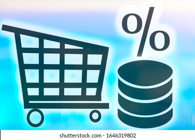 Shopping basket icons, money rate, interest on a blue background. The concept of purchasing power, inflation, consumer lending.
