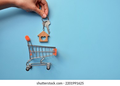 A Shopping Basket And A Wooden House Above It. Symbol Of Buying And Selling Housing