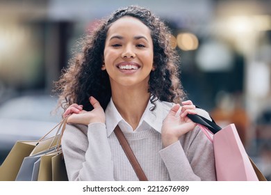 Shopping, Black Woman And Smile After A Shop, Fashion Retail Or Luxury Store Trip With Happiness. Portrait Of A Happy Rich Young Female From Paris Or Urban City Smiling With Joy For Sale Or Discount