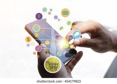 Shopping Cart With Application Software Icons On Mobile , Business Concept