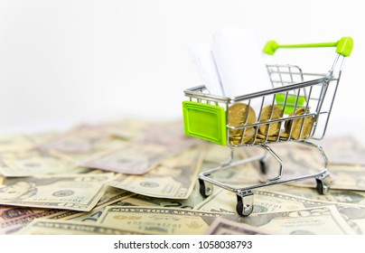 Shopping Cart And Czech Currency Money Banknotes, Coins And Postal Money Order Texture Background