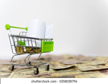 Shopping Cart And Czech Currency Money Banknotes, Coins And Postal Money Order Texture Background