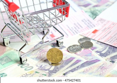 Shopping Cart And Czech Currency Money Banknotes, Coins And Postal Money Order Texture Background