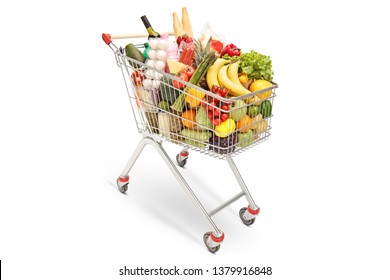 Shopping cart with different food products isolated on white background
