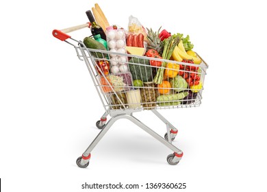 Shopping cart filled with products isolated on white background