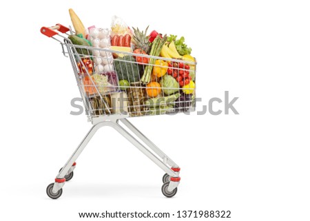 Shopping cart with food products isolated on white background