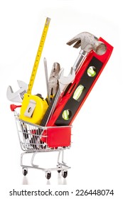 Shopping Cart Full Of Construction Tools, Isolated On White Background