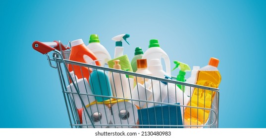 Shopping cart full of detergents, hygiene and housekeeping concept - Shutterstock ID 2130480983