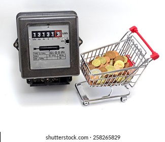 shopping cart full of European currencies and the meter of the family consumption