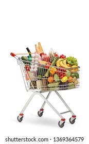 Shopping Cart Full Of Food Products Isolated On White Background