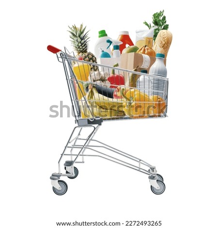Shopping cart full of fresh food and household products: grocery shopping concept