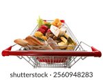 Shopping cart full of groceries on white background, above view