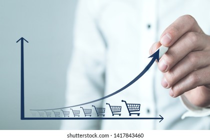 Shopping Cart And Growth Graph. Increase In Sales