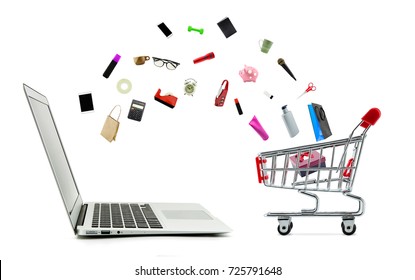 Shopping Cart And Laptop Computer With Products Isolated On White Background, Shop Online Concept.