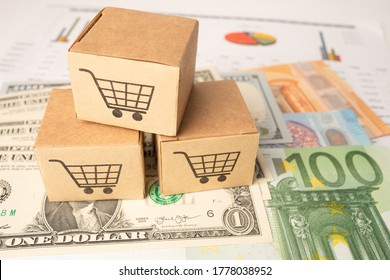 Shopping cart logo on box with Euro and US dollar banknotes background, Banking Account, Investment Analytic research data economy, trading, Business import export online company concept.