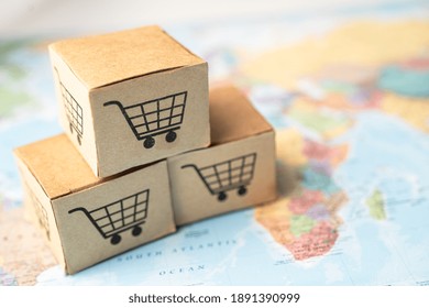 Shopping Cart Logo On Box With On Africa Map Background; Banking Account, Investment Analytic Research Data Economy, Trading, Business Import Export Online Company Concept.