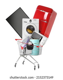 Shopping cart and many household appliances white background