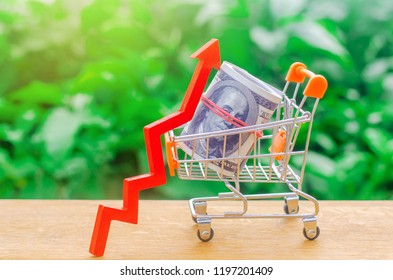 Shopping Cart With Money And Arrow Up. Concept Of Growth In Purchasing Power. Growing Demand For Cheap Loans Or Short-term Loans. Attractive Deposits On Deposits. Growth Economy Or Customer Sentiment.