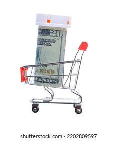 Shopping Cart With A Prescription Bottle Wrapped With A 20 Dollar Bill, Representing The High Cost Of Health Care And Medicine.