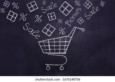 A shopping cart in which the words "Bonus", "Sale", as well as percent signs and boxes fall. Flat chalk drawing on chalkboard.  Minimalistic black and white design.