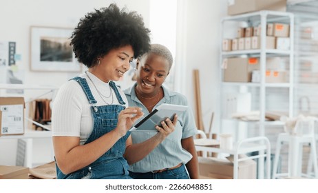 Shopping company, ecommerce logistics or business women on tablet with planning digital stock or cargo shipping delivery. Warehouse, supply chain or black woman consulting or learning from manager - Powered by Shutterstock