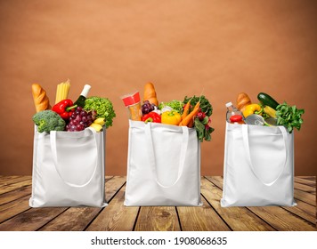 Shopping fabric bag with groceries on desk