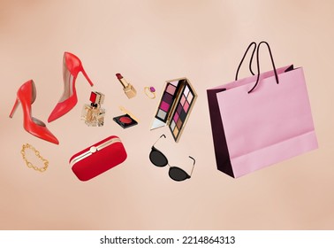 Shopping for fashion accesories on pink background