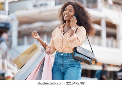 Shopping, fashion bag and phone call for black woman on 5g communication about retail spree or sales discount. Shopping mall product, boutique fabric clothes and happy customer with designer gift