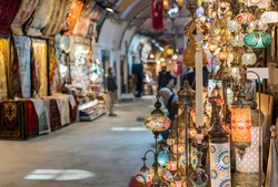 Shopping In The Grand Bazar. Traditional Turkish Lamps In Souvenir Shop. Handmade Mosaic Of Colored Glass In Grand Bazaar.