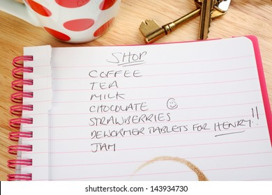 Shopping List With Pet Care Concept And A Sense Of Humour. Includes Life's Essential Purchases Such As Chocolate And Tea But Also A Reminder To Buy De-worming Tablets For Henry The Dog, Or Cat.