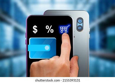 Shopping In A Mobile Phone. Online Shopping Concept. Simple Interface Of Online Store On Phone. Finger Presses Icon Of A Shopping Cart From A Supermarket. Wallet In Mobile Application. Wallet  Apps