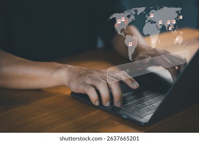 Shopping online search and global business presence. Hands typing on laptop with global search interface overlay, showing Store online world map and location icons representing digital connections.