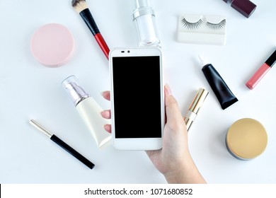 Shopping Online Website Beauty Cosmetic And Skin Care By Blank Smartphone On Accessories White Background